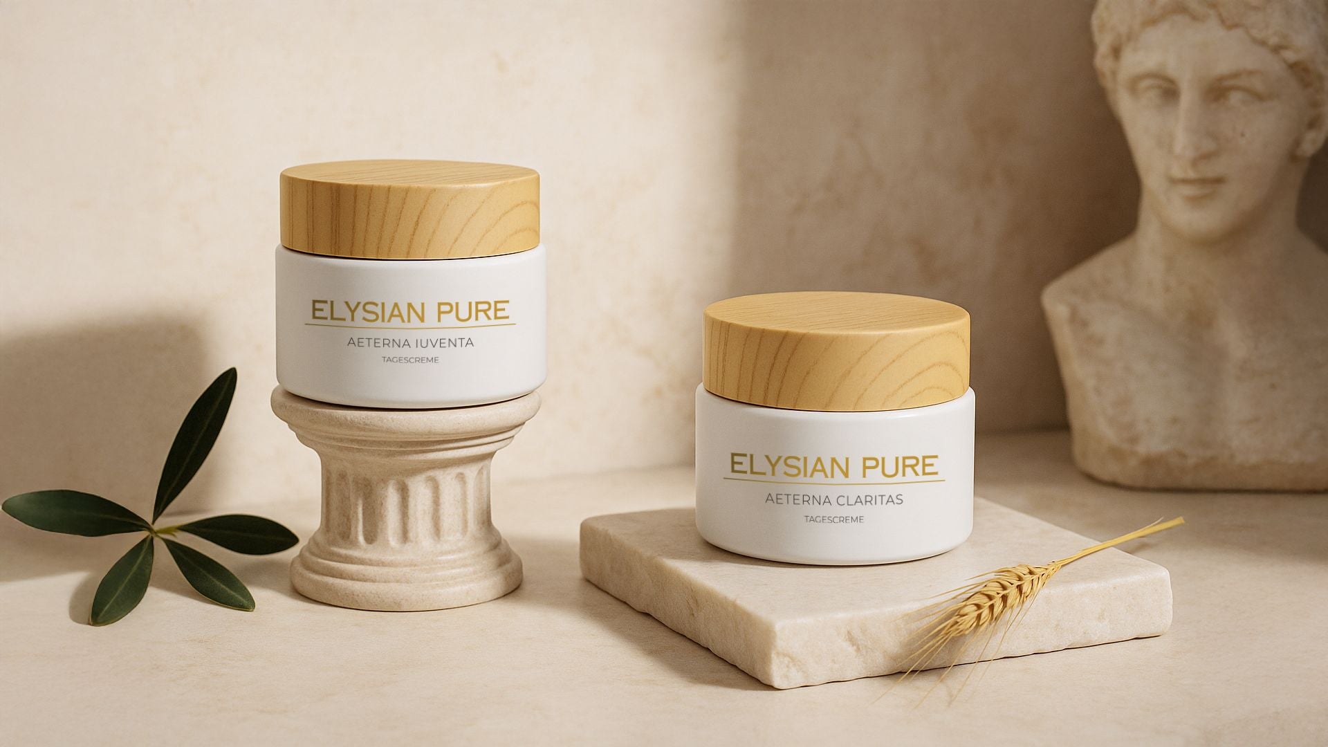 Zwei Tallow Tagescremes für alle Hauttypen auf antikem Hintergrund – natürliche Gesichtscremes für sanfte Hautpflege